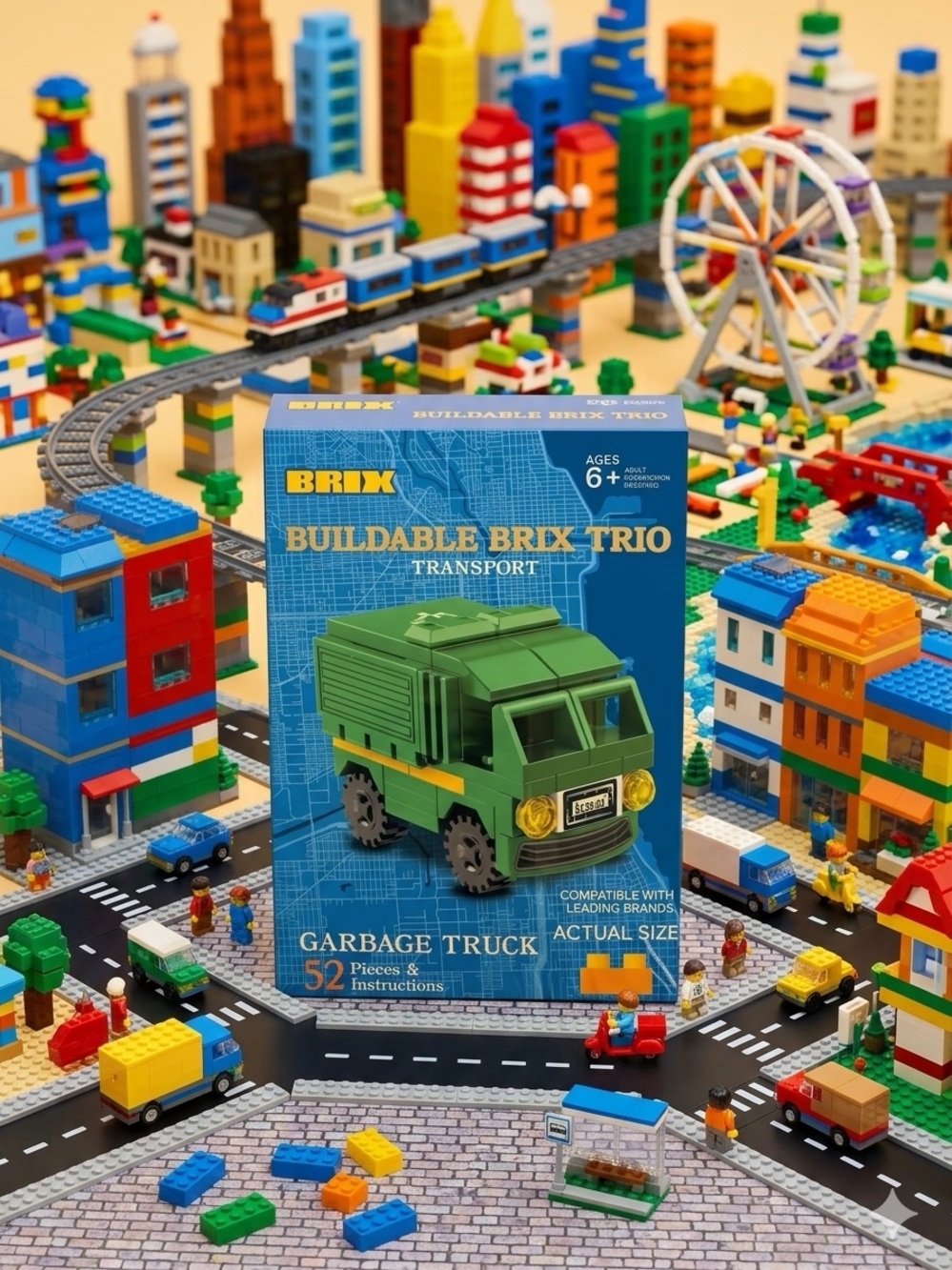 Buildable Brix Trio Green Garbage Truck Toy - Kids
